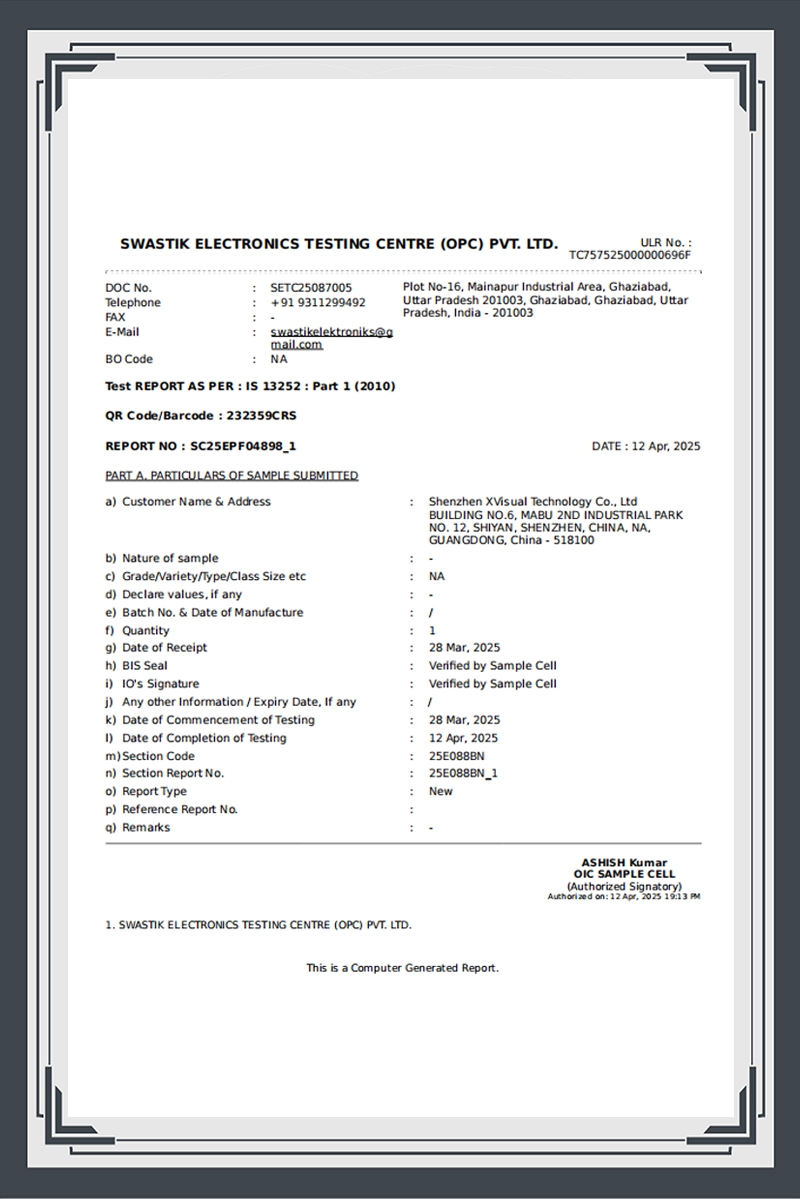 BIS Certificate — Xvisuallive