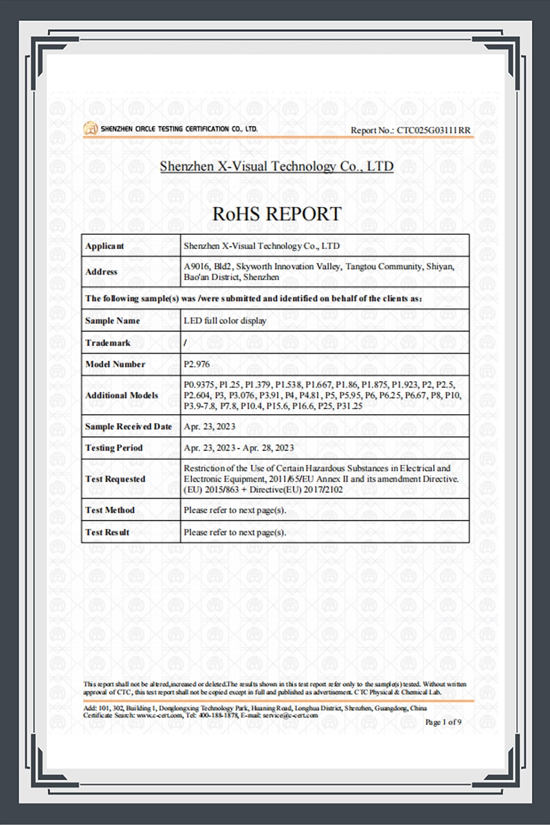 RoHS Certificate — Xvisuallive